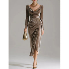 Long Sleeve Pleated Long Slit Velvet Sheath Dress
