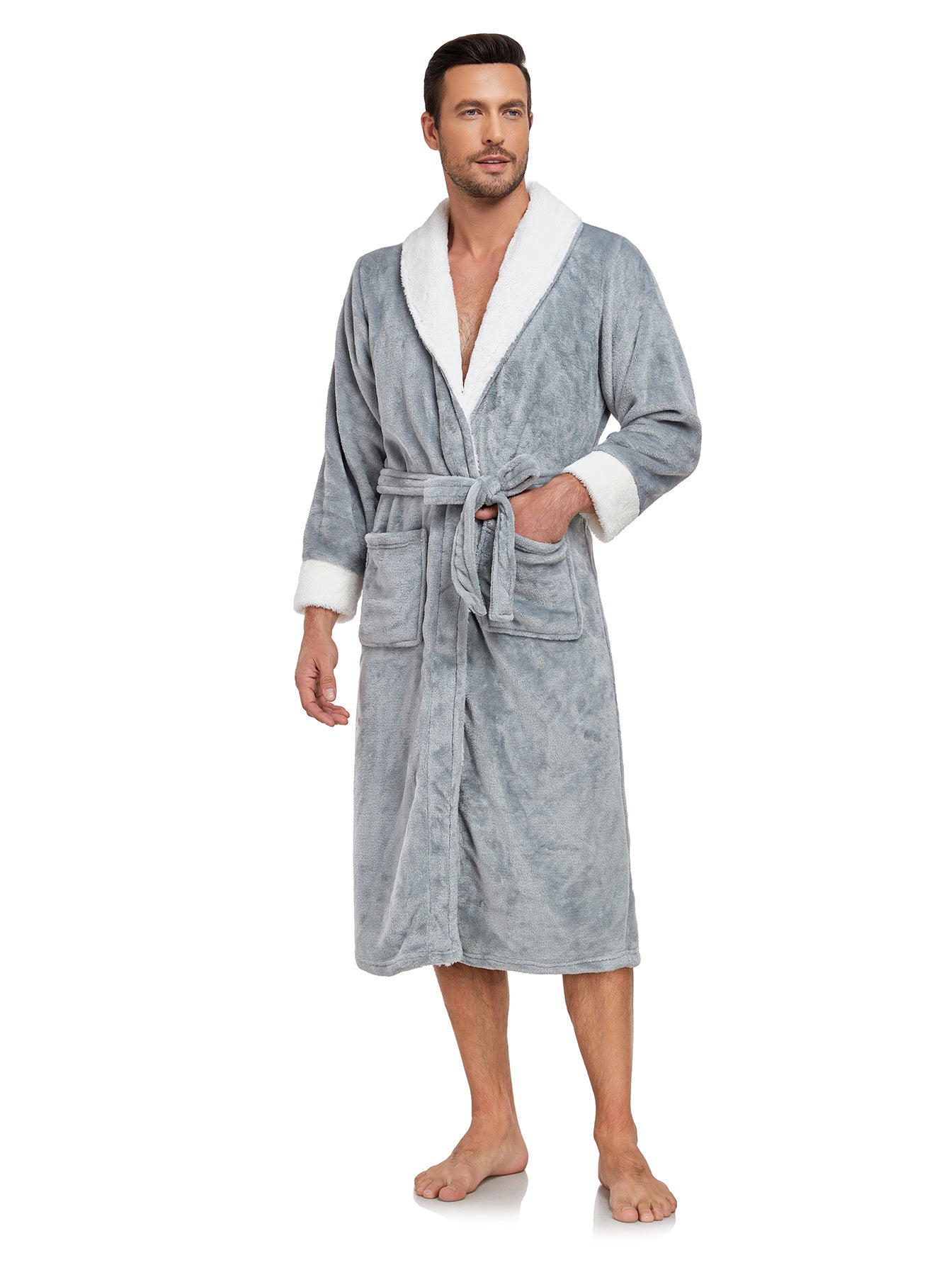 RONGTAI Men's Plush Long Bathrobe, Soft And Warm, Full Length, Shawl Collar, Fleece