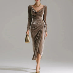 Long Sleeve Pleated Long Slit Velvet Sheath Dress