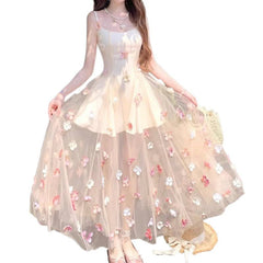 French Romantic Three-dimensional Flower Strap Dress