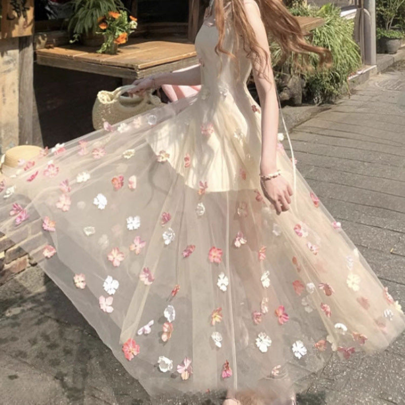 French Romantic Three-dimensional Flower Strap Dress