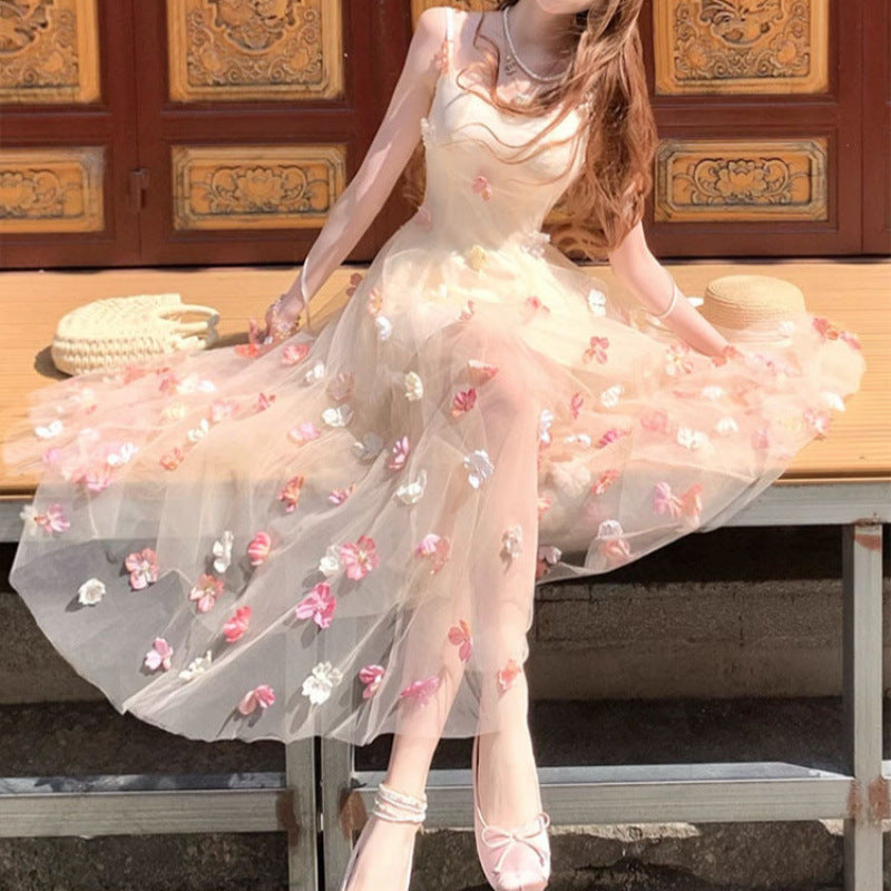 French Romantic Three-dimensional Flower Strap Dress