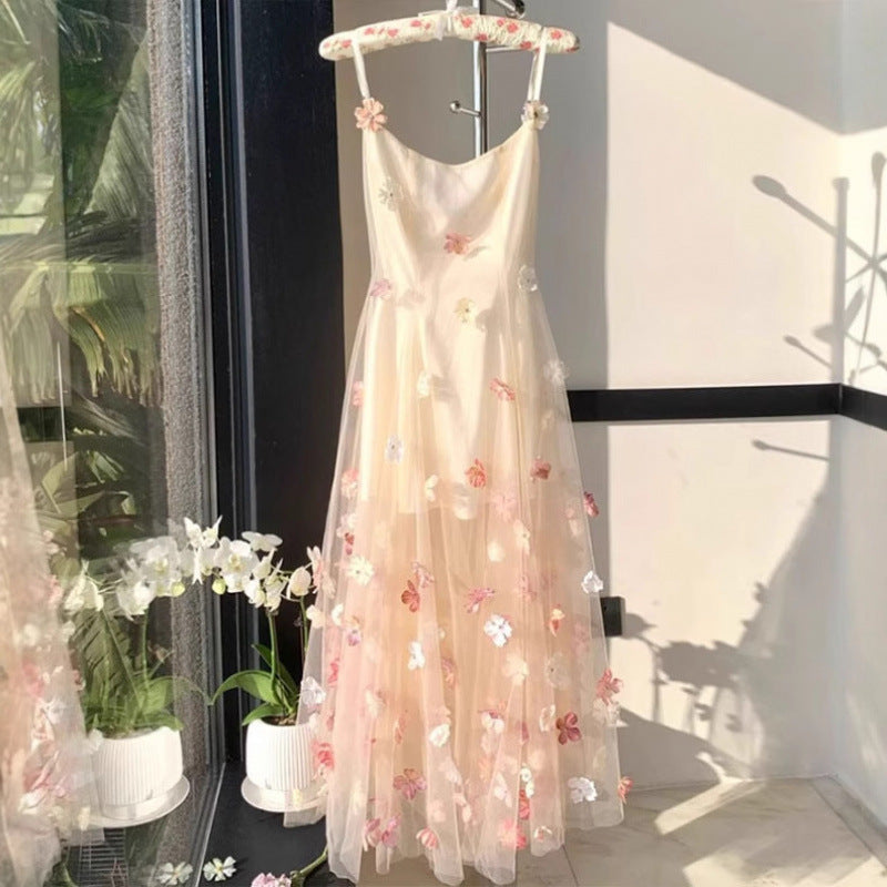 French Romantic Three-dimensional Flower Strap Dress