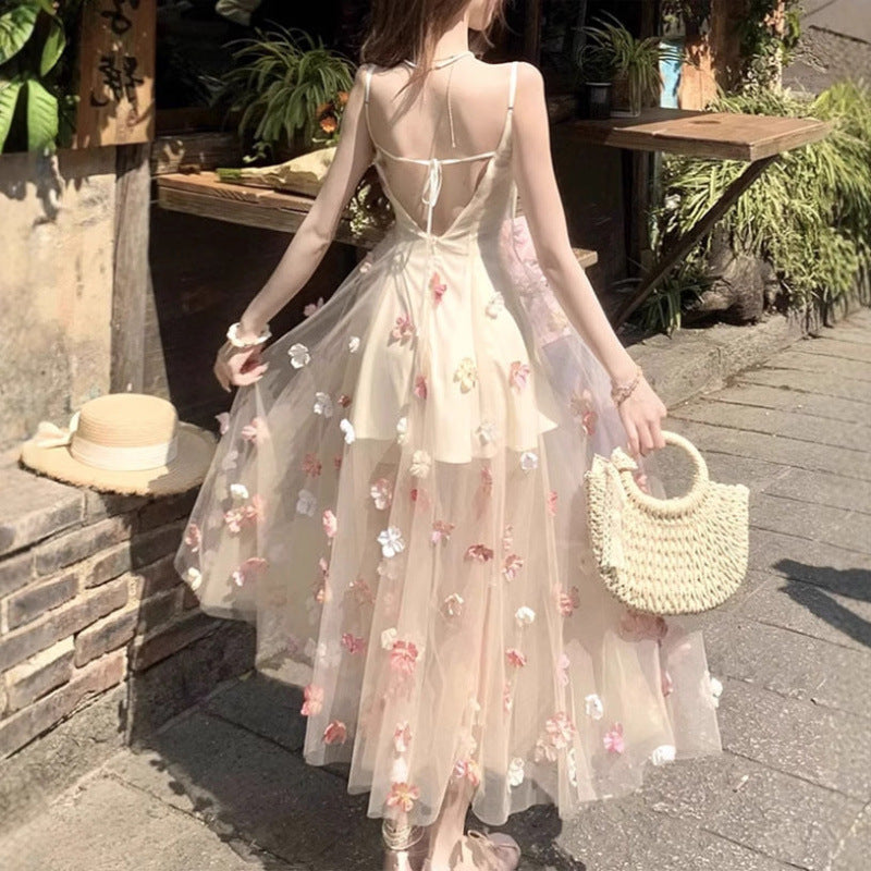French Romantic Three-dimensional Flower Strap Dress