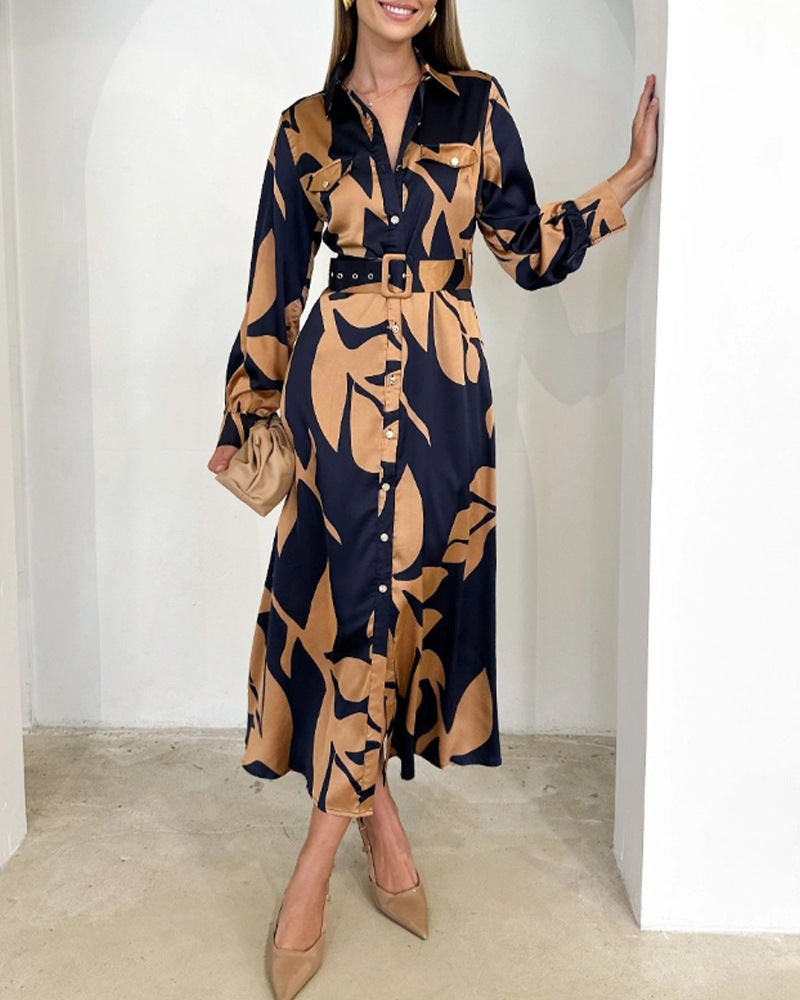 Women's Printed Waist-controlled Long-sleeved Dress