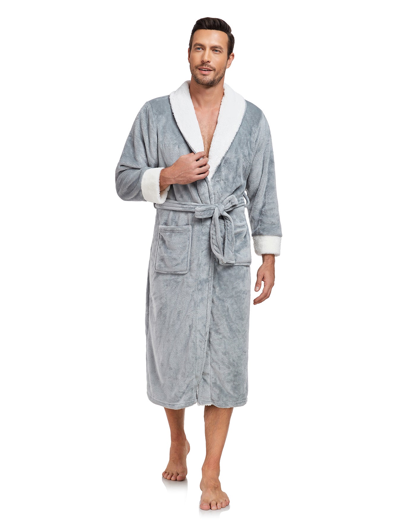 RONGTAI Men's Plush Long Bathrobe, Soft And Warm, Full Length, Shawl Collar, Fleece