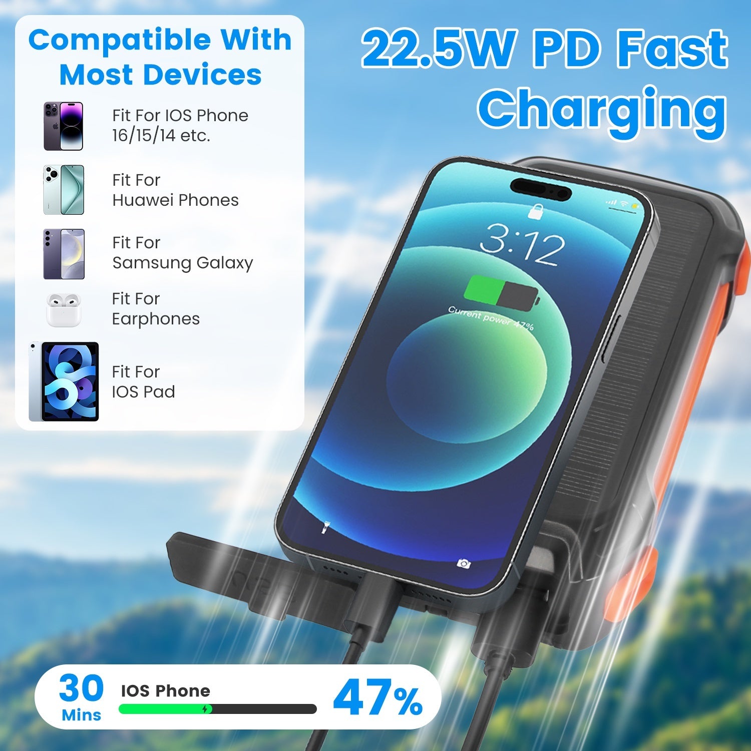 1Pc Portable Solar Charger 49800mAh Power Bank External Battery Pack 22.5W PD Fast Charging Built In 4 Cables 15W Wireless Charging LED Flashlight For Camping Hiking Picnic Travel