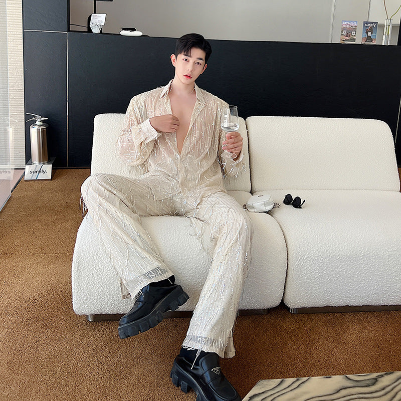 Nightclub Sequins Sequin Suit Men's Heavy Craft Tassel Straight-leg Pants Shirt
