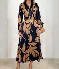 Women's Printed Waist-controlled Long-sleeved Dress