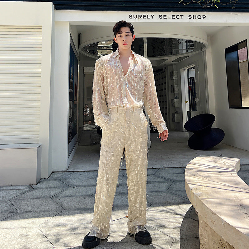 Nightclub Sequins Sequin Suit Men's Heavy Craft Tassel Straight-leg Pants Shirt