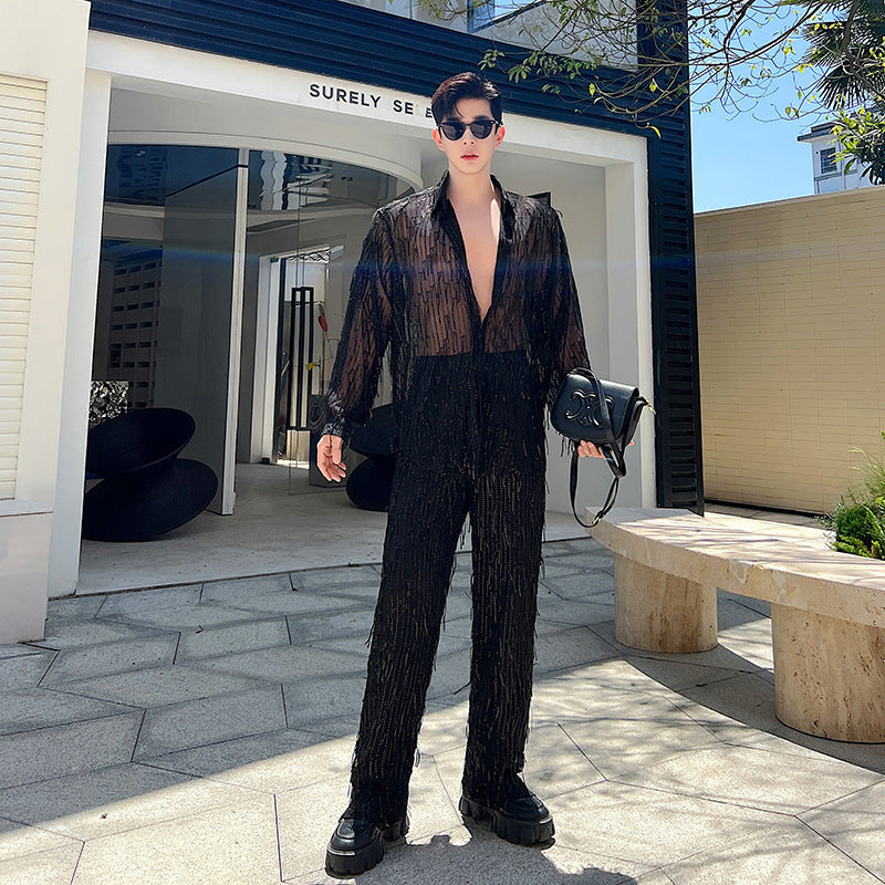 Nightclub Sequins Sequin Suit Men's Heavy Craft Tassel Straight-leg Pants Shirt