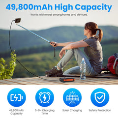 1Pc Portable Solar Charger 49800mAh Power Bank External Battery Pack 22.5W PD Fast Charging Built In 4 Cables 15W Wireless Charging LED Flashlight For Camping Hiking Picnic Travel